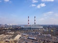 Aerial view from drone of industrial area in a city Kiev, Ukraine with Electric utility Company on a background of blue