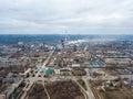 Aerial view from drone of industrial zone with fuming chimneys. Chemical plant