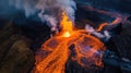 Aerial view by drone of lava river from volcano