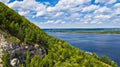 Aerial view of the drone mountains on the background of the Volga river. The middle band of Russia