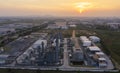 Aerial view drone of oil storage tank with oil refinery factory industrial. Oil refinery plant at beautiful sky sunset and Royalty Free Stock Photo