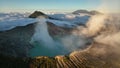 Aerial view drone orbit around to reveal Kawah Ijen volcano crater, Indonesia