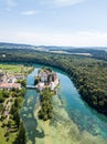 Aerial view by drone over the Rheinau Abbey Islet on Rhine river Royalty Free Stock Photo