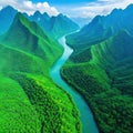 Aerial view drone photo shows a river in Southeast Asia with a lush tropical vegetation and mountains in the