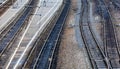 Aerial view from drone on railroad tracks next to the train platform Royalty Free Stock Photo