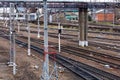 Aerial view from drone on railroad tracks next to the train platform Royalty Free Stock Photo