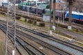 Aerial view from drone on railroad tracks next to the train platform Royalty Free Stock Photo
