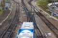 Aerial view from drone on railroad tracks next to the train platform Royalty Free Stock Photo