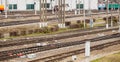 Aerial view from drone on railroad tracks next to the train platform Royalty Free Stock Photo