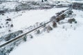 aerial view with drone of a road in a snowy landscape Royalty Free Stock Photo