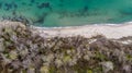 Aerial view from drone of the sea, sand strip and forest meeting