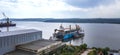 Aerial view from a drone of a ship repair yard with ships. Royalty Free Stock Photo