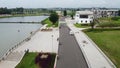 Aerial View or Drone Shot. Beautiful Green Lake - Indonesia, garden view and apartment buildings at Bekasi Royalty Free Stock Photo