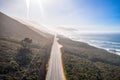 Aerial View Drone Shot of Highway Pacific Coast Highway California USA Big Sur Mountains Ocean Fog Sun Royalty Free Stock Photo