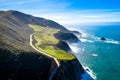 Aerial View Drone Shot of Highway Pacific Coast Highway California USA Big Sur Mountains Ocean Fog Sun Royalty Free Stock Photo