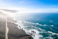 Aerial View Drone Shot of Highway Pacific Coast Highway California USA Big Sur Mountains Ocean Fog Sun Royalty Free Stock Photo