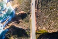 Aerial View Drone Shot of Highway Pacific Coast Highway California USA Big Sur Mountains Ocean Fog Sun Royalty Free Stock Photo