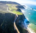 Aerial View Drone Shot of Highway Pacific Coast Highway California USA Big Sur Mountains Ocean Fog Sun Royalty Free Stock Photo