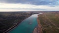 Drone shot of river Ili and spring steppe in Kazakhstan
