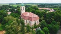 Aerial view from drone to romantic citiscape in Poland, Central Europe. HDR warm filtered photography. Church in the middle