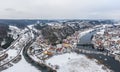 Aerial view from drone of town view of market KallmÃÂ¼nz Kallmuenz in Bavaria and bridge over river Naab and castle ruin in winter