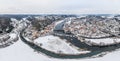 Aerial view from drone of town view of market KallmÃÂ¼nz Kallmuenz in Bavaria and bridge over river Naab and castle ruin in winter