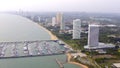 Aerial View by Drone of Yacht Club and Marina. Top view of yacht club. White boats in sea water. Marina dock yachts and Royalty Free Stock Photo