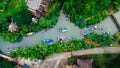 Aerial view from drones of fisherman boats and harbour in the river near the Andaman Sea in southern Thailand. Top view of many Royalty Free Stock Photo