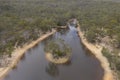 Aerial view of a drought affected water reservoir in regional Australia