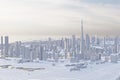 Aerial view of Dubai downtown. Low poly miniature city with white skyscrapers and dramatic lighting.