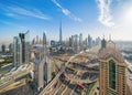 Aerial view of Dubai Downtown skyline, highway roads or street in United Arab Emirates or UAE. Financial district and business