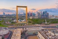 Aerial view of Dubai Frame, Downtown skyline, United Arab Emirates or UAE. Financial district and business area in smart urban Royalty Free Stock Photo