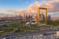 Aerial view of Dubai Frame, Downtown skyline, United Arab Emirates or UAE. Financial district and business area in smart urban Royalty Free Stock Photo