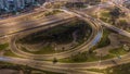 Aerial view on Dubai Marina with big highway intersection night timelapse and skyscrapers around, UAE Royalty Free Stock Photo