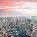 Aerial view of Dubai Marina buildings at dusk Royalty Free Stock Photo