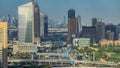 Aerial view of Dubai marina skyscrapers and Internet city towers timelapse with traffic on sheikh zayed road. Royalty Free Stock Photo