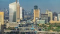 Aerial view of Dubai marina skyscrapers and Internet city towers timelapse with traffic on sheikh zayed road. Royalty Free Stock Photo