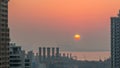 Aerial view of Dubai Marina from a vantage point at sunset timelapse. Royalty Free Stock Photo