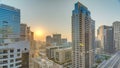 Aerial view of Dubai Marina from a vantage point at sunset timelapse. Royalty Free Stock Photo