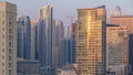 Aerial view of Dubai Marina from a vantage point at sunset timelapse. Royalty Free Stock Photo