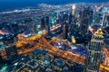 Aerial view of Dubai at night seen from Burj Khalifa tower, United Arab Emirates Royalty Free Stock Photo