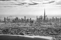 Aerial view of Dubai skyline in black and white, UAE