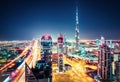 Aerial view of Dubai, United Arab Emirates. Scenic nighttime skyline.