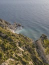 Aerial view of the Due Sorelle Reef, Two Sisters Reef, at sunrise Conero NP, Italy