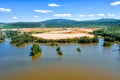 Aerial view of dumps and polluted ponds. Gold mining. Problem of environmental pollution