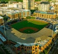 Aerial view of Durham Bulls athletic park surrounded by a bustling cityscape of Graham.