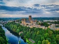 Aerial view of the Durham Cathedral, castle and river on a sunset Royalty Free Stock Photo