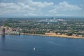 Aerial view Dutch city Almere between lakes Markermeer and Gooimeer