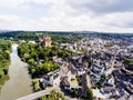 Aerial view of Dutch town, church, river, bridge, white building