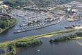 Aerial view Dutch village Huizen at lake Gooimeer with marina Royalty Free Stock Photo